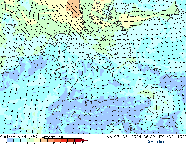 Surface wind (bft) Arpege-eu Mo 03.06.2024 06 UTC