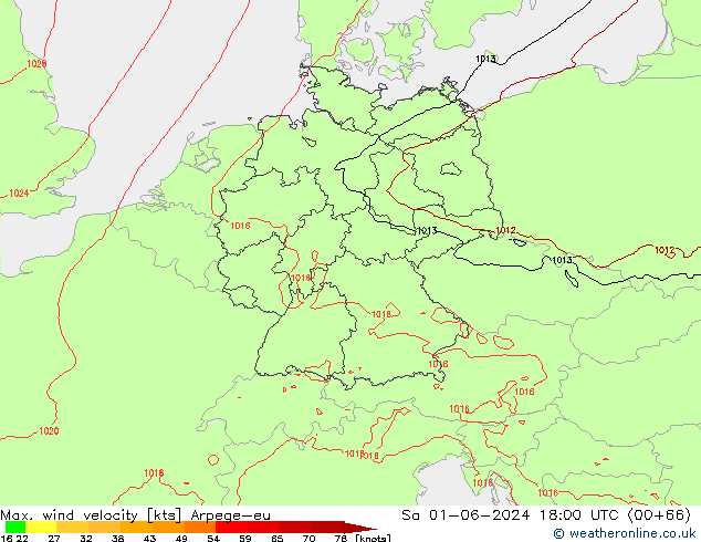 Max. wind velocity Arpege-eu Sa 01.06.2024 18 UTC