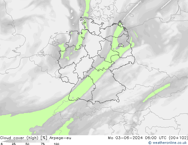Cloud cover (high) Arpege-eu Mo 03.06.2024 06 UTC