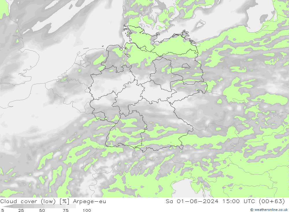 Cloud cover (low) Arpege-eu Sa 01.06.2024 15 UTC