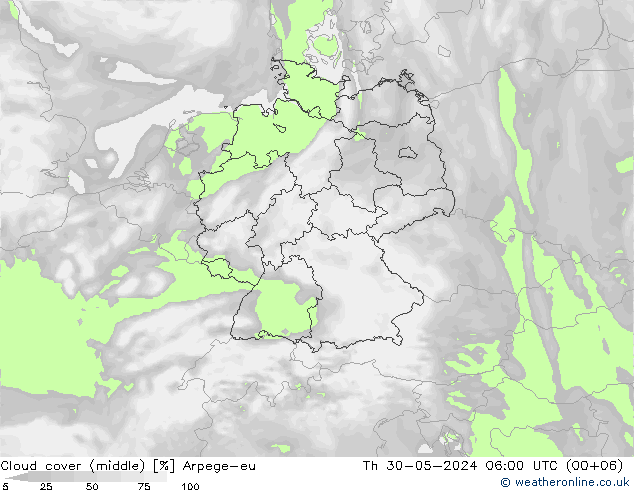 Cloud cover (middle) Arpege-eu Th 30.05.2024 06 UTC