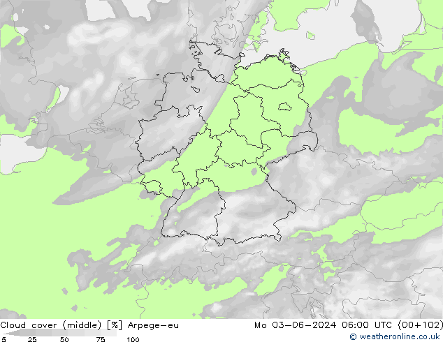 Cloud cover (middle) Arpege-eu Mo 03.06.2024 06 UTC