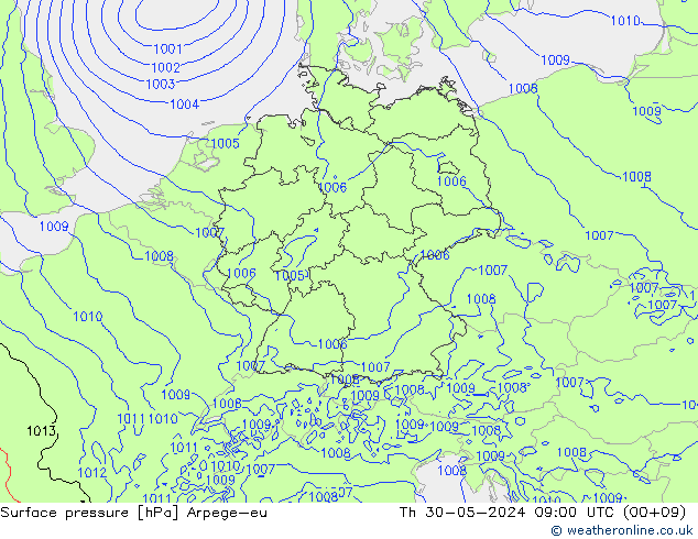 Atmosférický tlak Arpege-eu Čt 30.05.2024 09 UTC