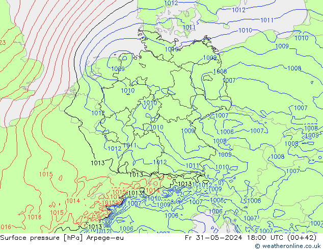 Atmosférický tlak Arpege-eu Pá 31.05.2024 18 UTC