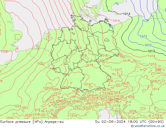 Pressione al suolo Arpege-eu dom 02.06.2024 18 UTC