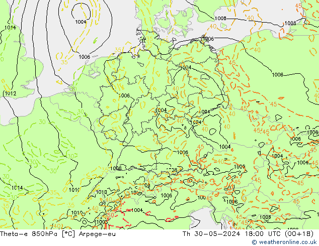 Theta-e 850hPa Arpege-eu Th 30.05.2024 18 UTC