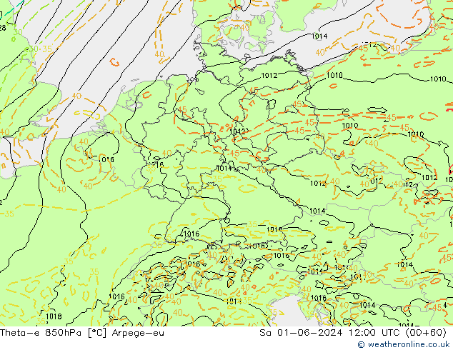 Theta-e 850hPa Arpege-eu za 01.06.2024 12 UTC