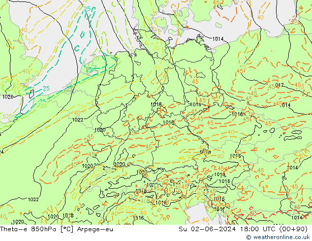 Theta-e 850hPa Arpege-eu zo 02.06.2024 18 UTC