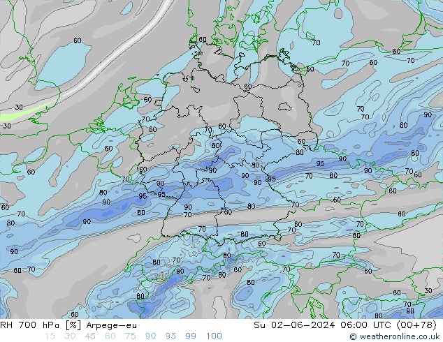 RH 700 hPa Arpege-eu Su 02.06.2024 06 UTC