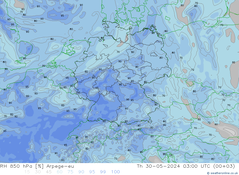 RH 850 hPa Arpege-eu Do 30.05.2024 03 UTC