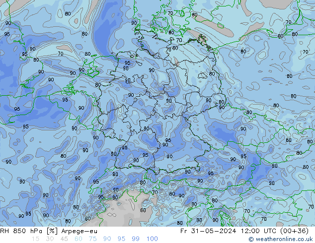 RH 850 hPa Arpege-eu Fr 31.05.2024 12 UTC