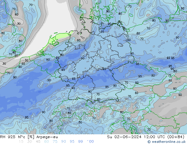 RH 925 гПа Arpege-eu Вс 02.06.2024 12 UTC