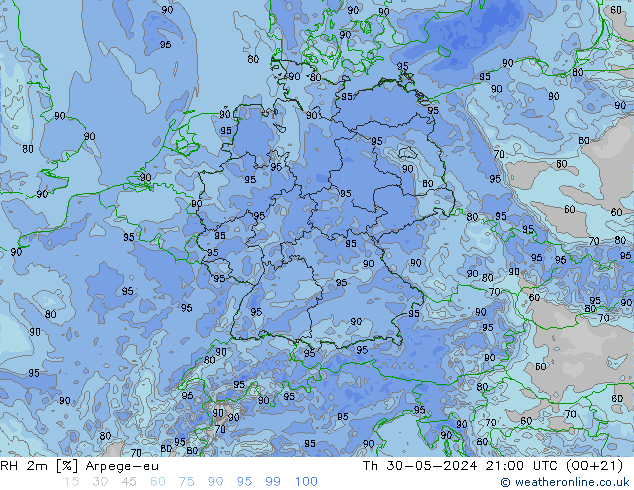 Humedad rel. 2m Arpege-eu jue 30.05.2024 21 UTC