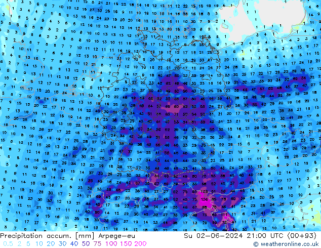 Precipitation accum. Arpege-eu Ne 02.06.2024 21 UTC