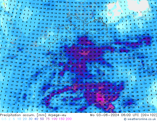 Precipitation accum. Arpege-eu Mo 03.06.2024 06 UTC