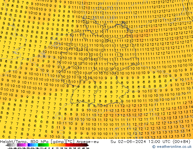 Hoogte/Temp. 850 hPa Arpege-eu zo 02.06.2024 12 UTC