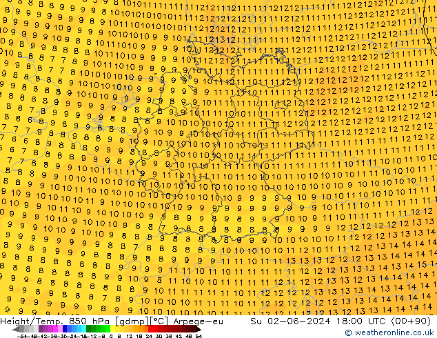 Hoogte/Temp. 850 hPa Arpege-eu zo 02.06.2024 18 UTC