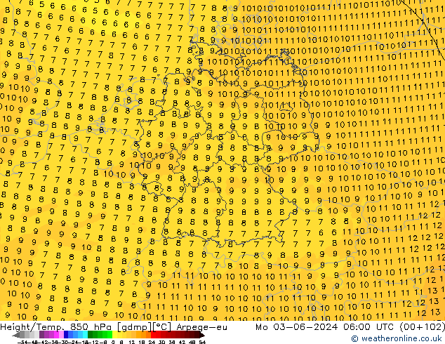 Height/Temp. 850 hPa Arpege-eu Mo 03.06.2024 06 UTC