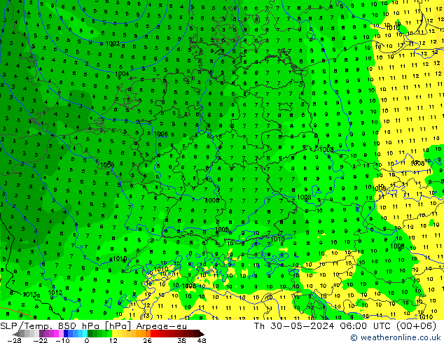 SLP/Temp. 850 hPa Arpege-eu jue 30.05.2024 06 UTC