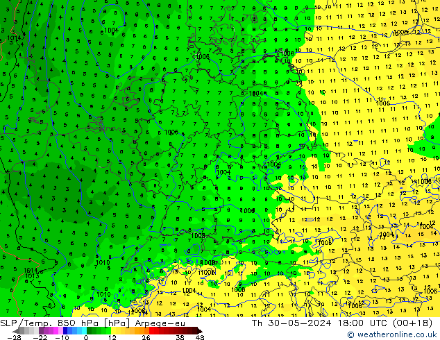 SLP/Temp. 850 hPa Arpege-eu Th 30.05.2024 18 UTC