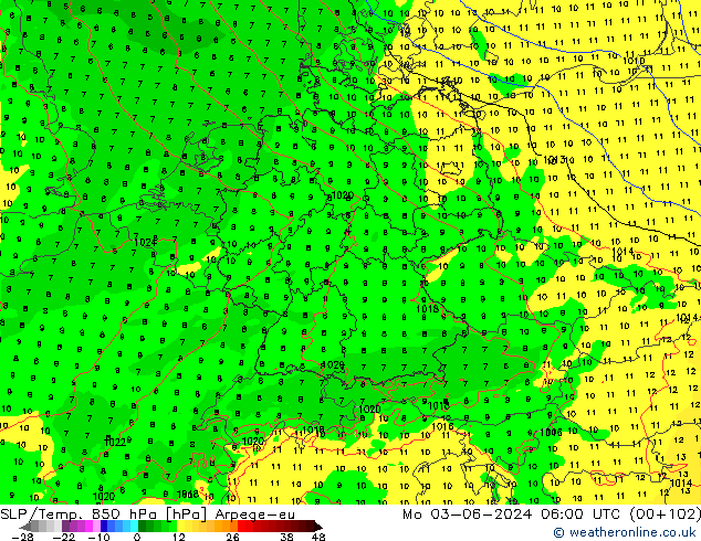 SLP/Temp. 850 hPa Arpege-eu Seg 03.06.2024 06 UTC