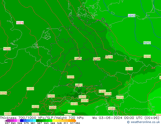 Thck 700-1000 hPa Arpege-eu Mo 03.06.2024 00 UTC