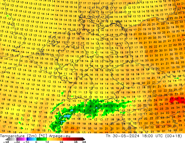 Temperature (2m) Arpege-eu Čt 30.05.2024 18 UTC