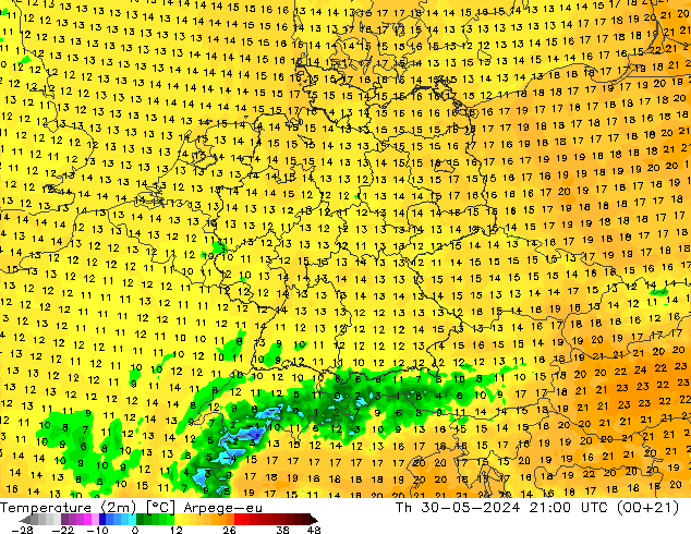 Temperatura (2m) Arpege-eu gio 30.05.2024 21 UTC