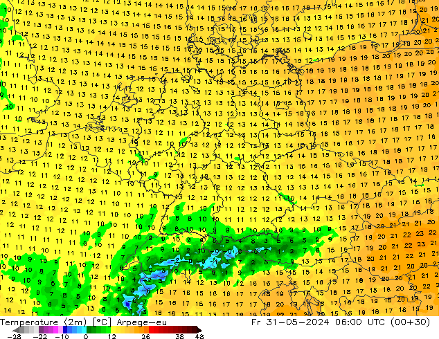 Sıcaklık Haritası (2m) Arpege-eu Cu 31.05.2024 06 UTC