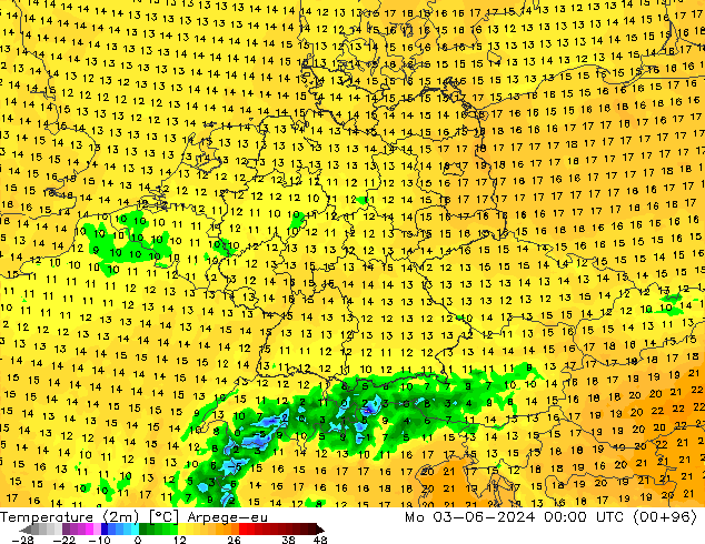 Temperature (2m) Arpege-eu Mo 03.06.2024 00 UTC