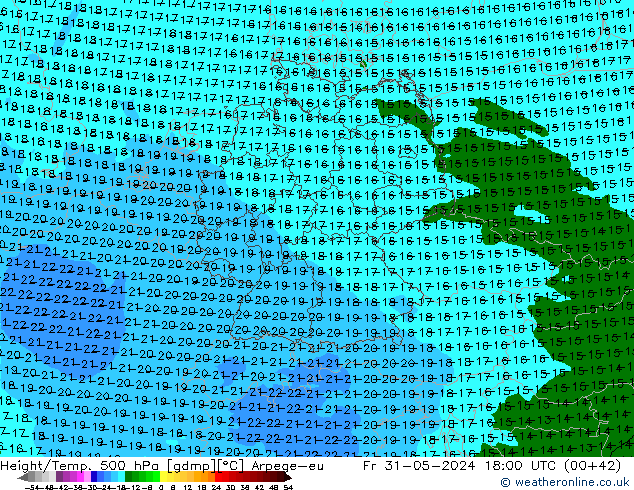 Height/Temp. 500 hPa Arpege-eu ven 31.05.2024 18 UTC