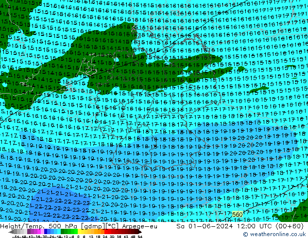 Height/Temp. 500 hPa Arpege-eu Sa 01.06.2024 12 UTC