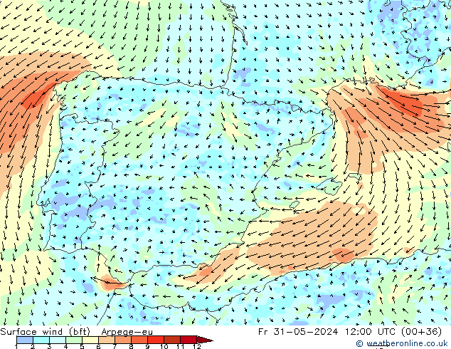 Surface wind (bft) Arpege-eu Fr 31.05.2024 12 UTC