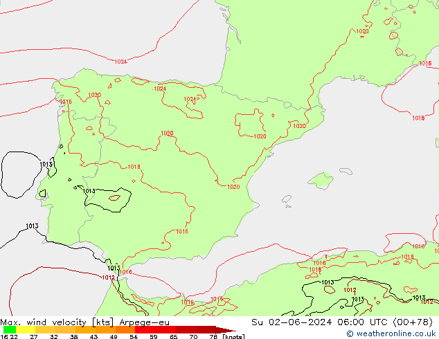 Max. wind velocity Arpege-eu Su 02.06.2024 06 UTC