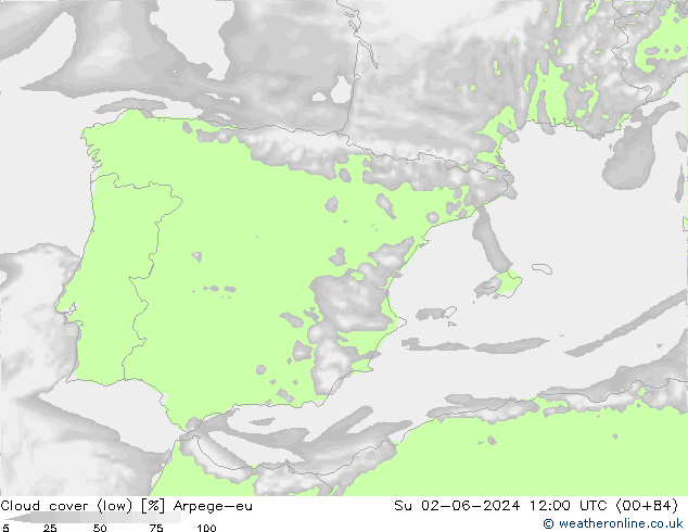 Cloud cover (low) Arpege-eu Su 02.06.2024 12 UTC