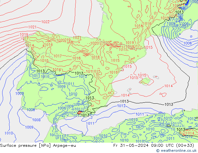 Pressione al suolo Arpege-eu ven 31.05.2024 09 UTC
