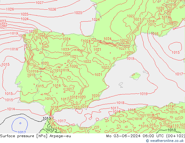 Surface pressure Arpege-eu Mo 03.06.2024 06 UTC