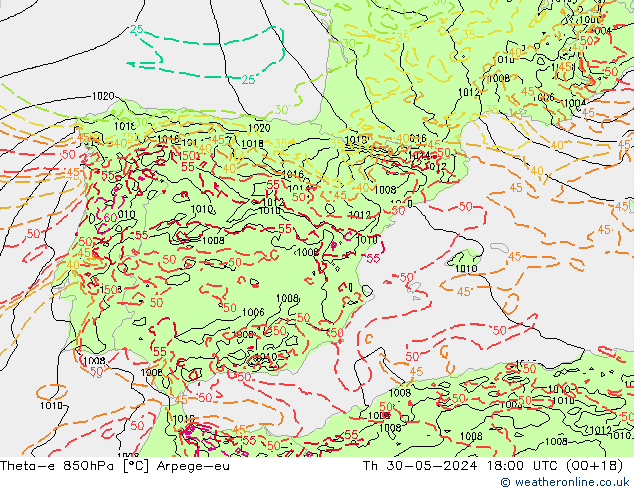 Theta-e 850hPa Arpege-eu Th 30.05.2024 18 UTC