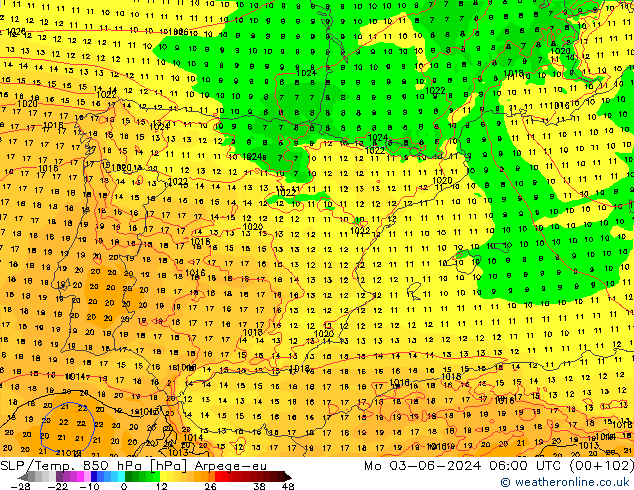 SLP/Temp. 850 hPa Arpege-eu ma 03.06.2024 06 UTC