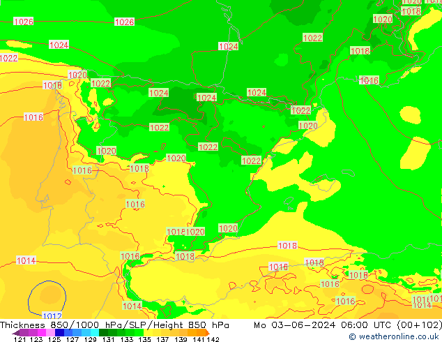 Schichtdicke 850-1000 hPa Arpege-eu Mo 03.06.2024 06 UTC