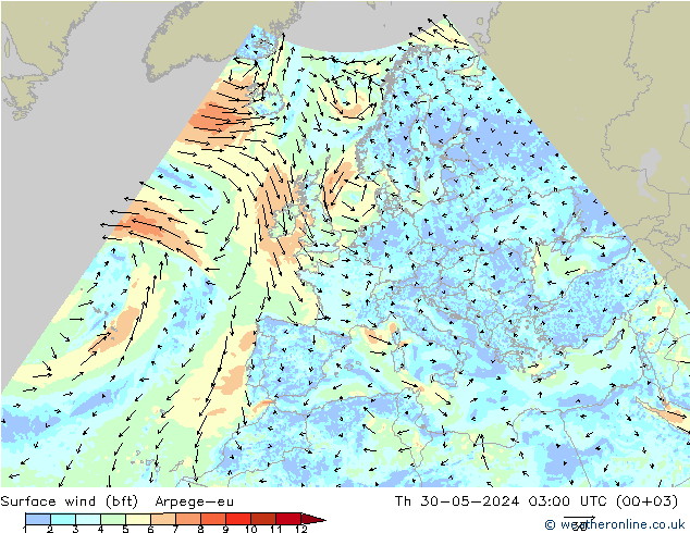 Surface wind (bft) Arpege-eu Th 30.05.2024 03 UTC