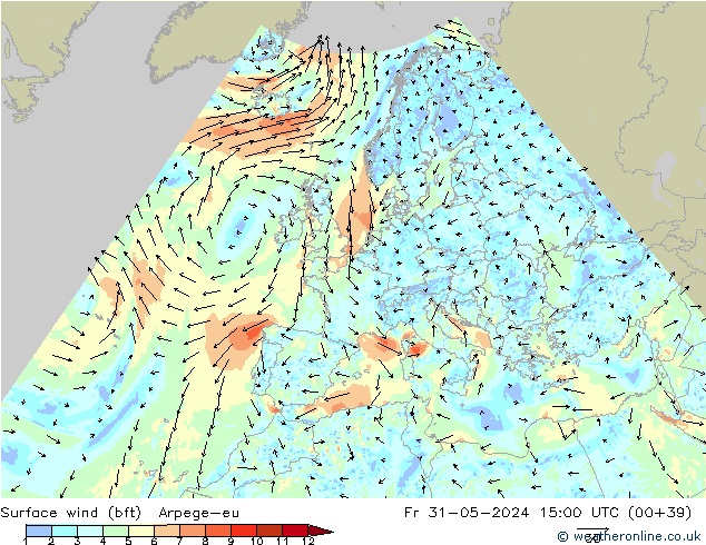 Viento 10 m (bft) Arpege-eu vie 31.05.2024 15 UTC