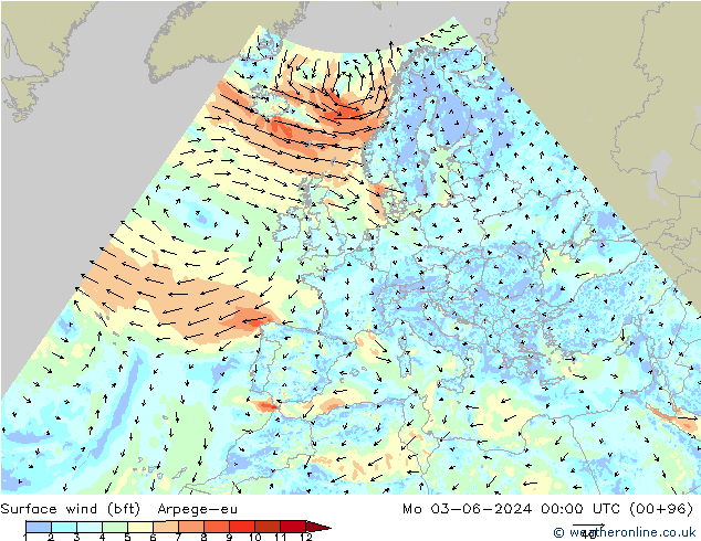 Bodenwind (bft) Arpege-eu Mo 03.06.2024 00 UTC