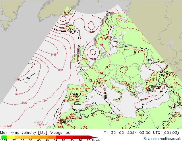 Max. wind velocity Arpege-eu Th 30.05.2024 03 UTC