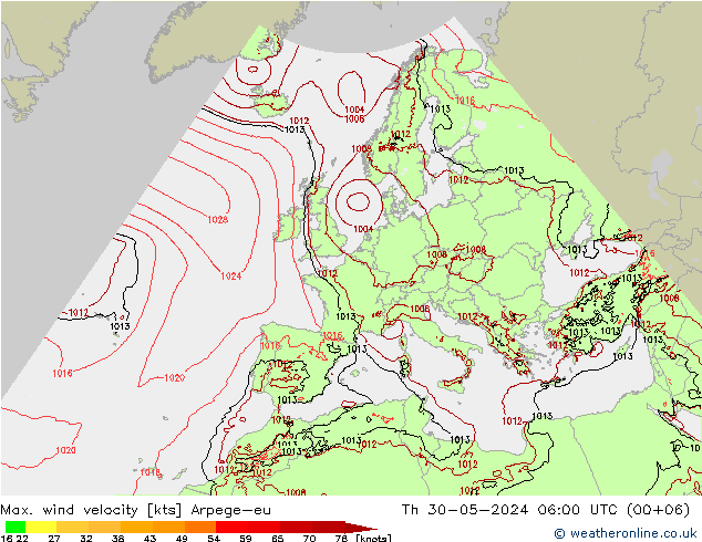Max. wind snelheid Arpege-eu do 30.05.2024 06 UTC