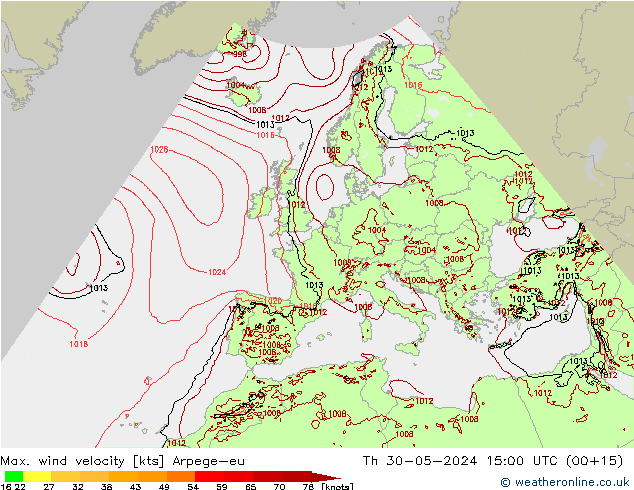 Max. wind velocity Arpege-eu jeu 30.05.2024 15 UTC