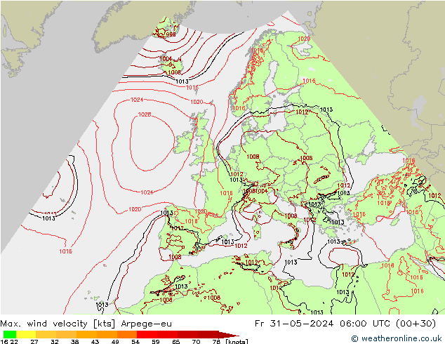 Max. wind velocity Arpege-eu Fr 31.05.2024 06 UTC
