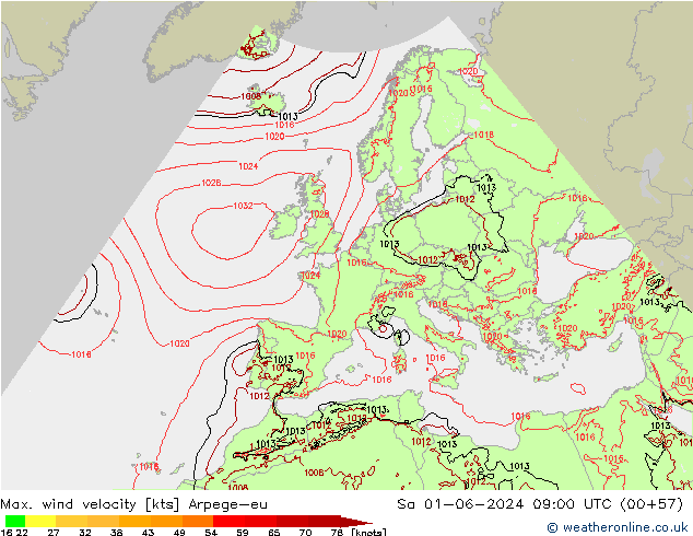 Max. wind velocity Arpege-eu Sa 01.06.2024 09 UTC