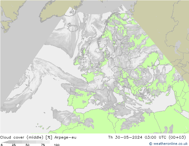 Cloud cover (middle) Arpege-eu Th 30.05.2024 03 UTC