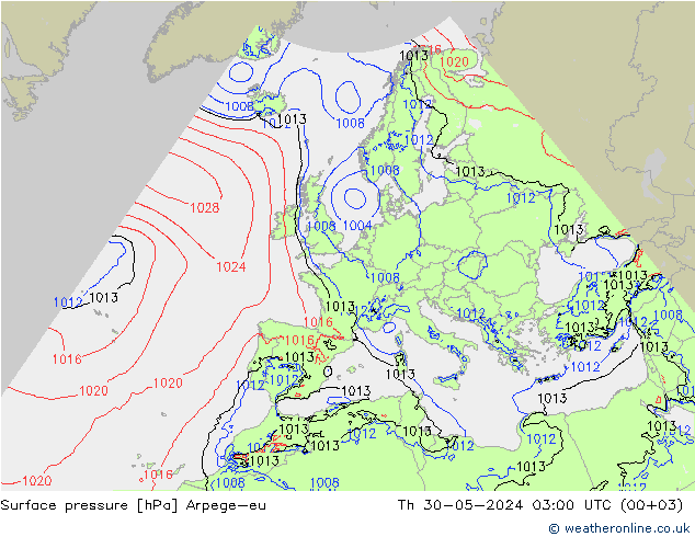 Pressione al suolo Arpege-eu gio 30.05.2024 03 UTC